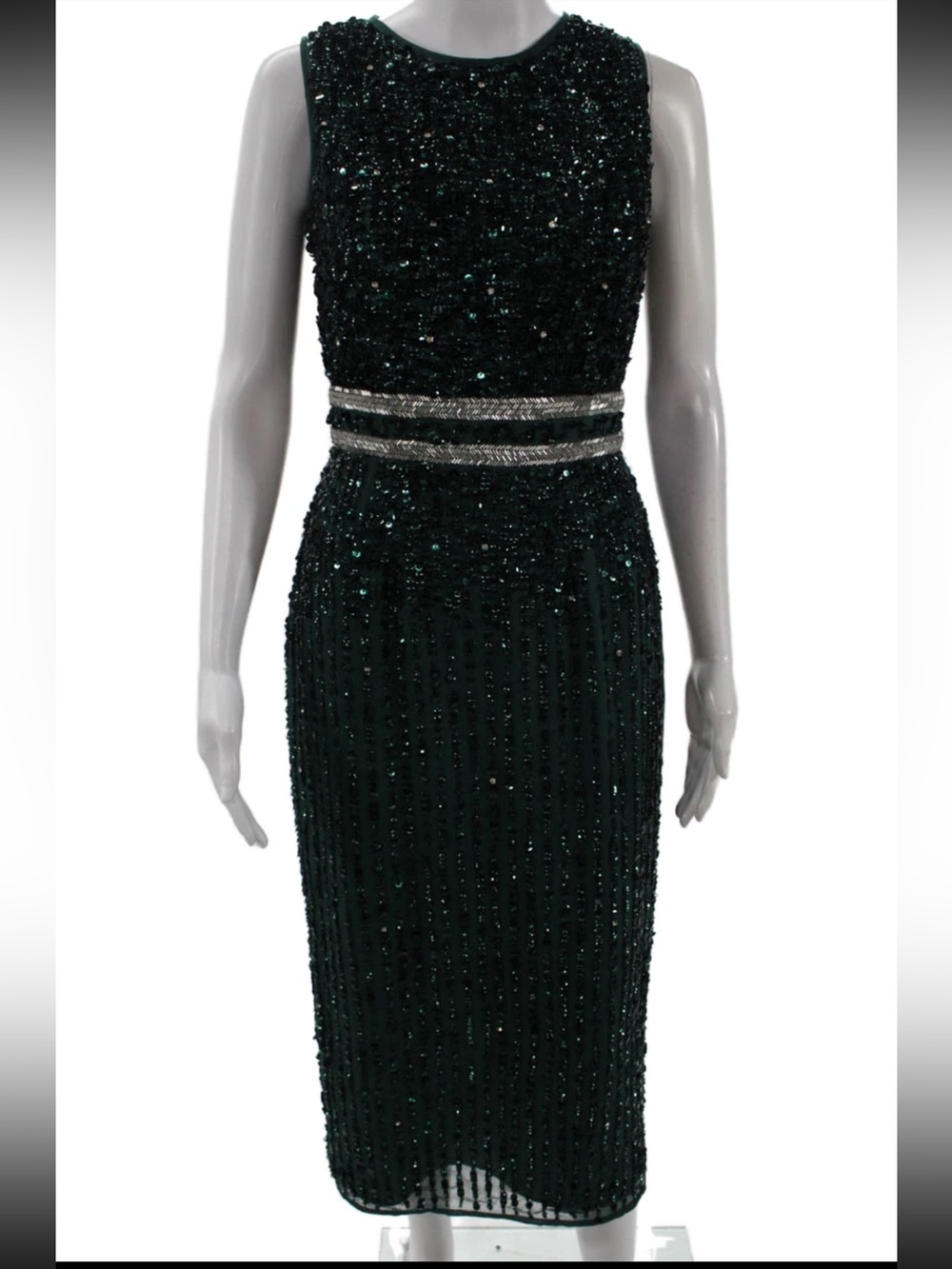 Mac Duggal Forest Green Beaded Cocktail Dress Size 2 Formal Evening Midi - Picture 4 of 10